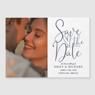 Invitation Magnétique Photo Bleue Marine Mariage Élégant Enregistrer La 