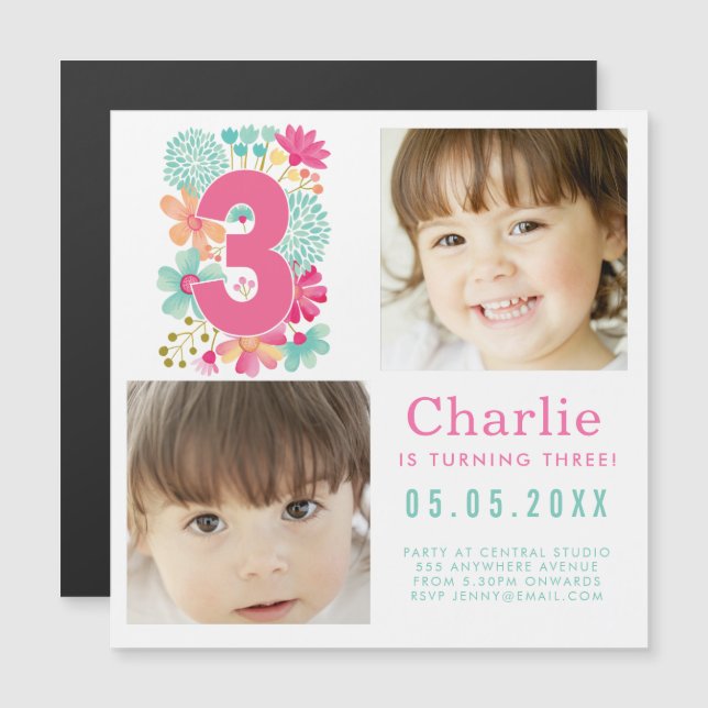 Invitation Magnétique Photo de fête d'anniversaire Troisième Trois 3 ans (Devant / Derrière)