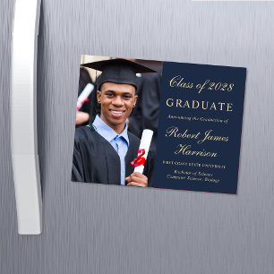Invitation Magnétique Photo élégante Blue Gold College Graduation