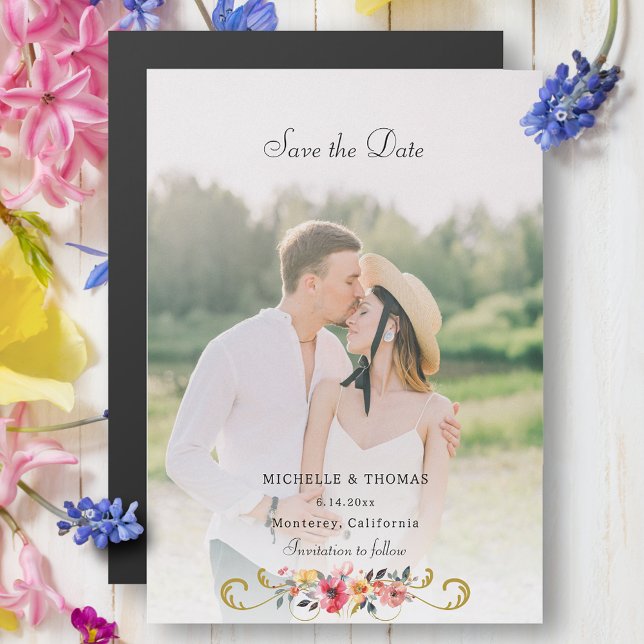 Invitation Magnétique Photo Fleur sauvage aquarelle Enregistrer la date (Créateur téléchargé)