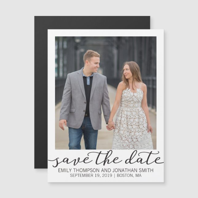 Invitation Magnétique Photo Mariage Enregistrer La Date Frontière Blanch (Devant / Derrière)
