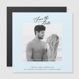 Invitation Magnétique Photo N&B Mariage Bleu Glace Enregistrez la Date