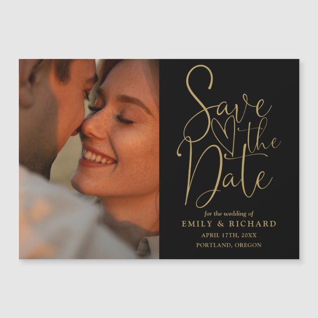 Invitation Magnétique Photo Noir Et Or Mariage Élégant Enregistrer La Da (Devant)