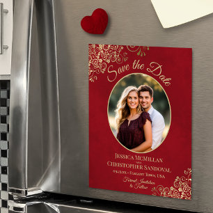 Invitation Magnétique Photo ovale élégant de mariage rouge et or pour an
