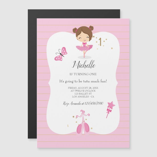 Invitation Magnétique Pink and Gold 1er anniversaire Ballerina Party (Devant / Derrière)