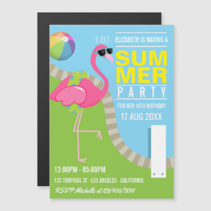 Invitation Magnétique Piscine d'été cool Flamant rose rose fête d'annive