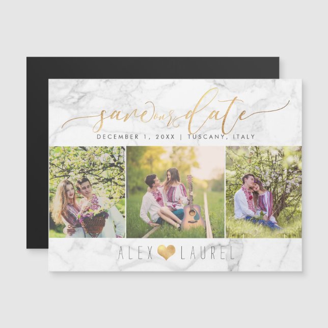 Invitation Magnétique PixDezines Marble Enregistrer Notre Date/Faux Gold (Devant / Derrière)