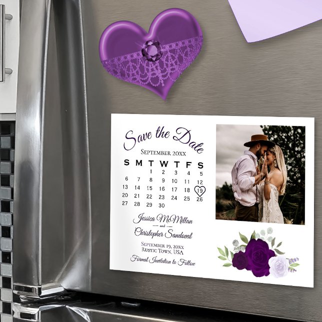 Invitation Magnétique Plum Purple Floral Calendrier & Photo Enregistrer  (Créateur téléchargé)