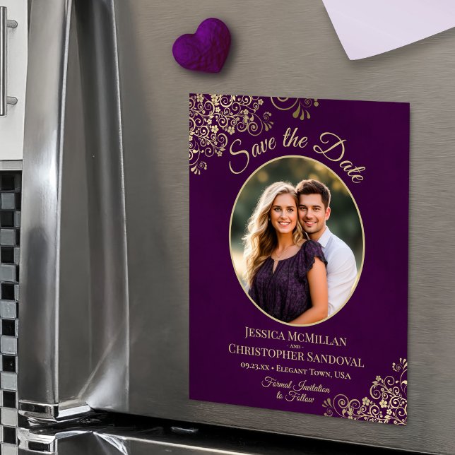 Invitation Magnétique Plum Purple & Gold Wedding Save Date Oval Photo (Magnetic Back for Easy Display!)