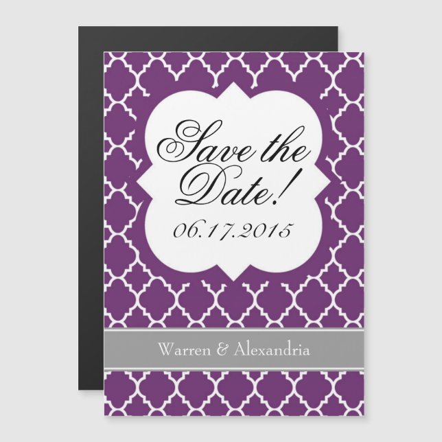 Invitation Magnétique Plum violet blanc Quatrefoil Enregistrer l'aimant  (Devant / Derrière)