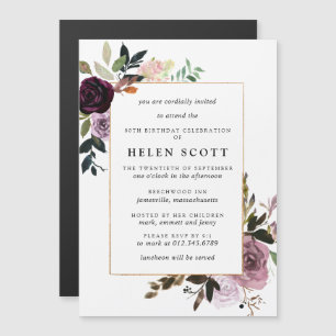 Invitation Magnétique Plum violet mauve rose floral 80e anniversaire