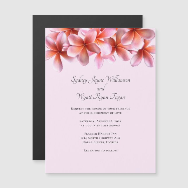 Invitation Magnétique Plumeria rose Véritable Fleurs Frontière (Devant / Derrière)
