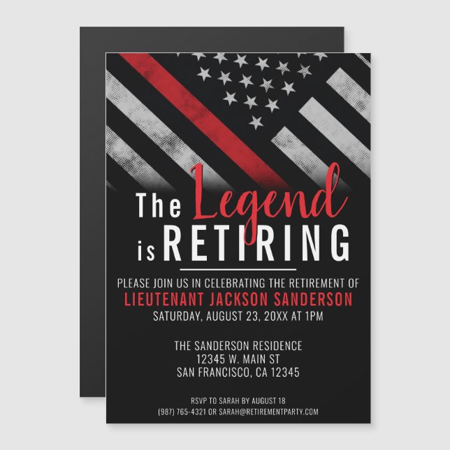 Invitation Magnétique Pompier Retraite Ligne Rouge Flag Flaman (Devant / Derrière)