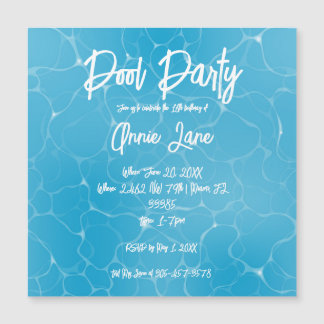 Invitation Magnétique Pool Party Sweet 16 Eau Bleu Minimaliste Anniversa