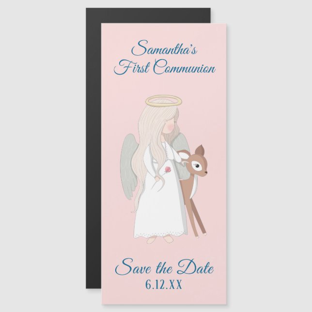 Invitation Magnétique Première communion des anges et des cerfs Sauvez l (Devant / Derrière)