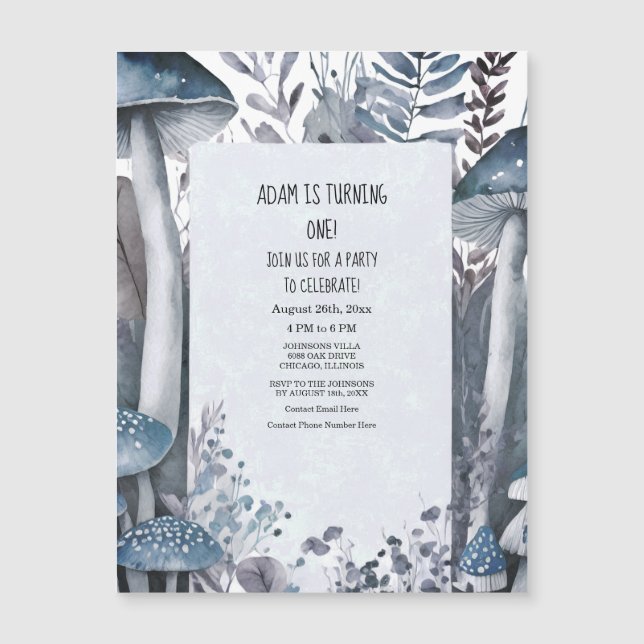 Invitation Magnétique Première fête d'anniversaire Champignons bleus Boh (Devant)