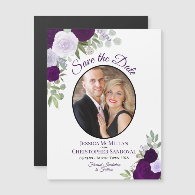 Invitation Magnétique Purple Boho Floral & Mariage photo Enregistrer la  (Devant / Derrière)