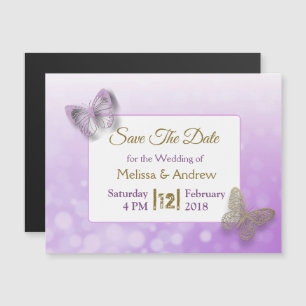Invitation Magnétique Purple Gold Butterfly Wedding Enregistrer l'aimant