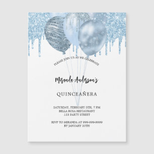 Invitation Magnétique Quinceanera Ballons bleu blanc parties scintillant