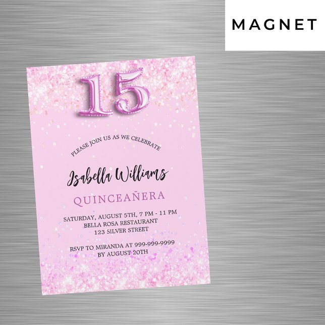 Invitation Magnétique Quinceanera confetti rose fille soirée luxe (Créateur téléchargé)