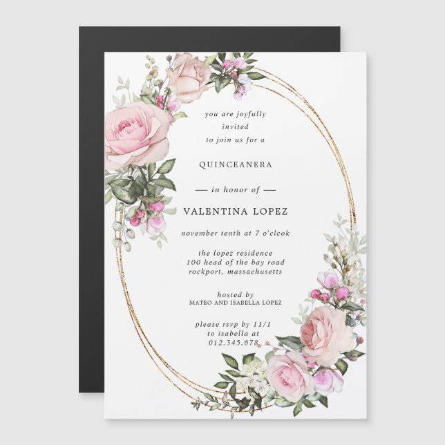 Invitation Magnétique Quinceanera d'or rose rose pâle (Devant / Derrière)