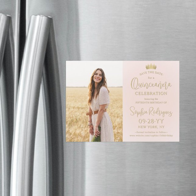 Invitation Magnétique Quinceañera Enregistrer la date Photo Blush Pink & (Créateur téléchargé)
