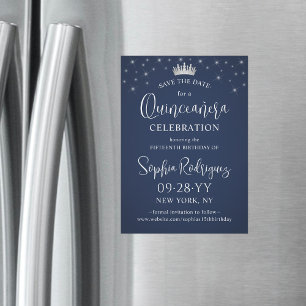 Invitation Magnétique Quinceañera Enregistrez la Date Élégant Bleu Nuit