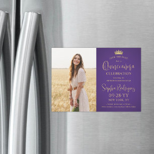 Invitation Magnétique Quinceañera Enregistrez la Date Photo Violet et Or