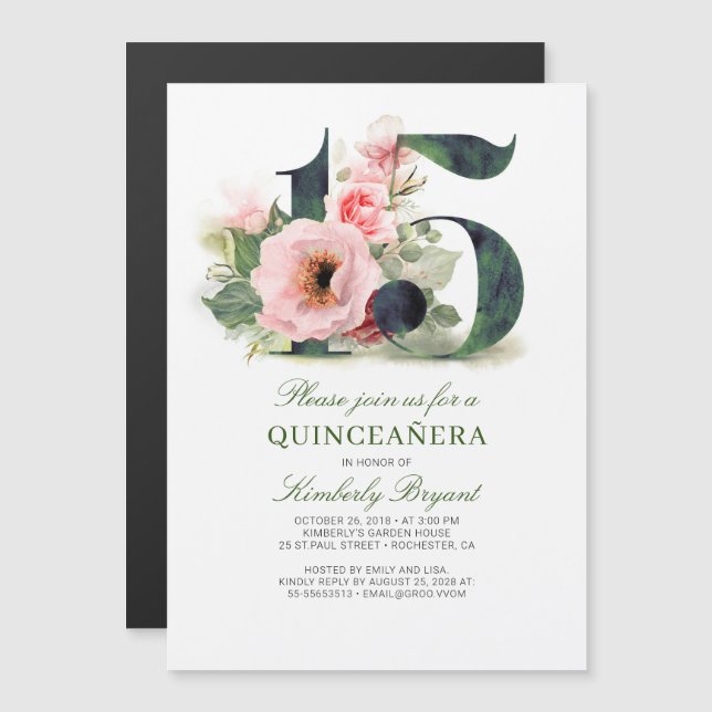 Invitation Magnétique Quinceanera florale 15e anniversaire (Devant / Derrière)