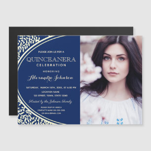 Invitation Magnétique Quinceanera Luxe Elegant Royal Blue & Gold Photo
