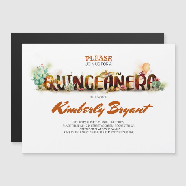 INVITATION MAGNÉTIQUE QUINCEANERA MEXICAINE 15E ANNIVERSAIRE (Devant / Derrière)