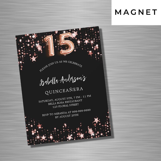 Invitation Magnétique Quinceanera noir rose or étoiles luxe (Créateur téléchargé)