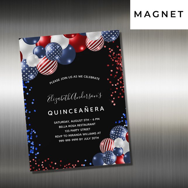 Invitation Magnétique Quinceanera patriotique noir rouge bleu blanc ball (Créateur téléchargé)