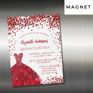Invitation Magnétique Quinceanera robe rouge blanche brillant luxe