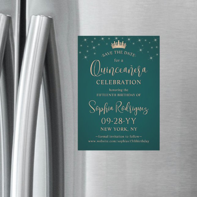 Invitation Magnétique Quinceañera Save the Date Rose Gold Crown & Green (Créateur téléchargé)