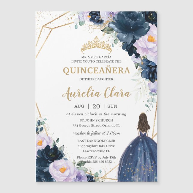 Invitation Magnétique Quinceañera Sweet 16 Violet Lilac Marine Bleu Flor (Devant)