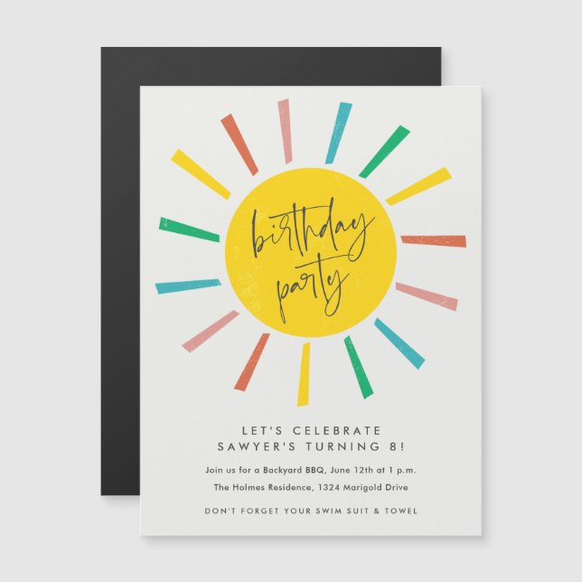 Invitation Magnétique Rainbow Sun Script Anniversaire de enfant Party (Devant / Derrière)