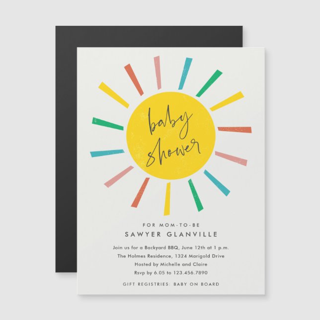 Invitation Magnétique Rainbow Sun Script Baby shower moderne (Devant / Derrière)