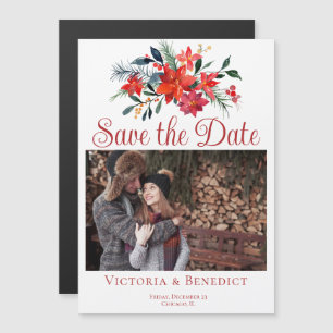 Invitation Magnétique Red Christmas Poinsettia Photo Enregistrer la date