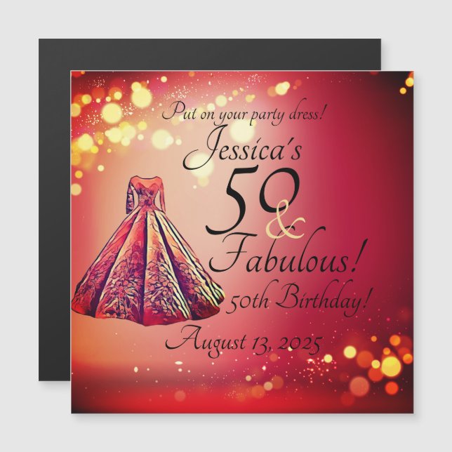 Invitation Magnétique Red Gold Sparkle 50 & Fabuleux 50e anniversaire (Devant / Derrière)