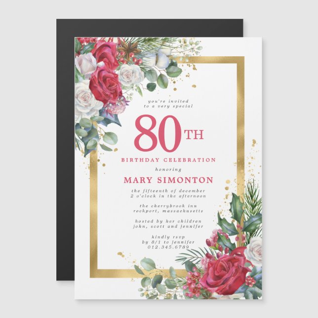 Invitation Magnétique Red Rose Gold Holly 80e anniversaire (Devant / Derrière)