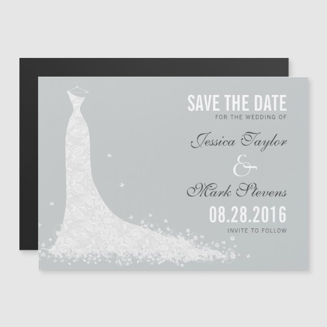 Invitation Magnétique Robe Mariage White & GreyLace Enregistrer La Date (Devant / Derrière)