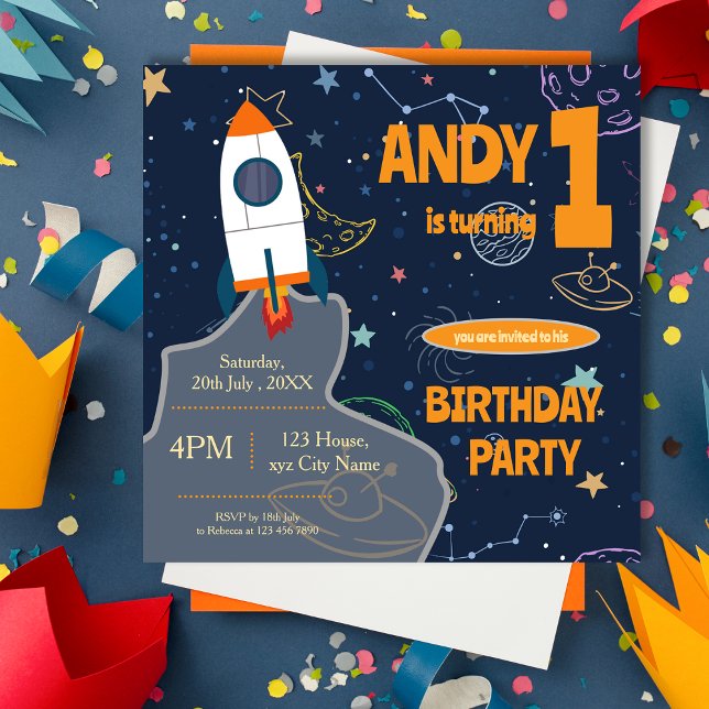 Invitation Magnétique Rocket, Planètes Étoiles Tout Âge Espace Extérieur (Rocket, Planets Stars Any Age Outer Space Birthday Magnetic Invitation)