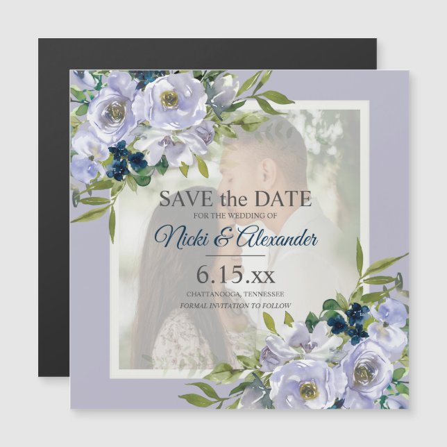 Invitation Magnétique Romantique Dusty Bleu Blanc Floral Photo Enregistr (Devant / Derrière)