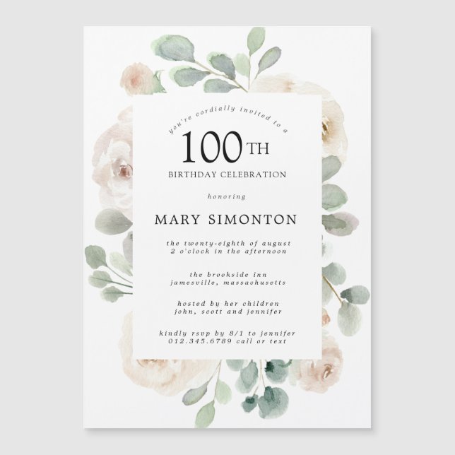 Invitation Magnétique Rose blanche Floral Eucalyptus 100e fête d'anniver (Devant)