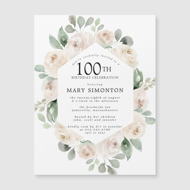 Invitation Magnétique Rose blanche Floral Eucalyptus 100e fête d'anniver (Devant)