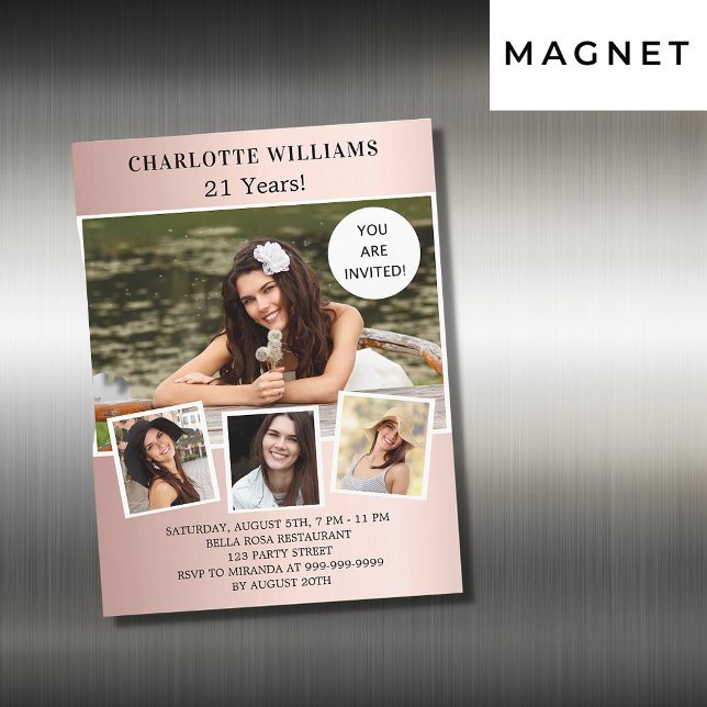 Invitation Magnétique Rose de fête d'anniversaire or photo collage luxe (Créateur téléchargé)