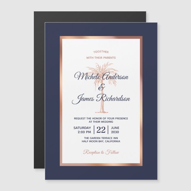 Invitation Magnétique Rose Gold Cuivre Marine Blue Palm Tree Beach Maria (Devant / Derrière)