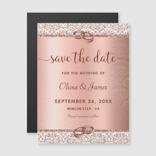 Invitation Magnétique Rose Gold Damask Script Wedding Enregistrer la dat