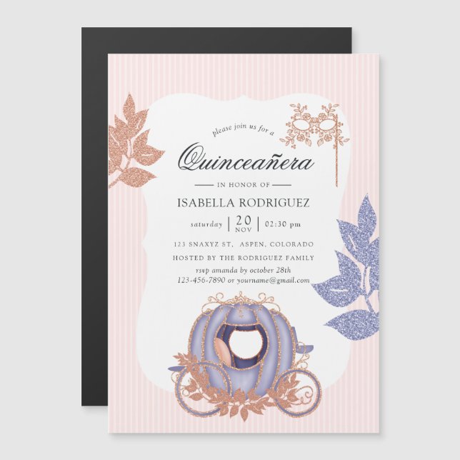 Invitation Magnétique Rose Gold et Lilac Parties scintillant Princesse Q (Devant / Derrière)